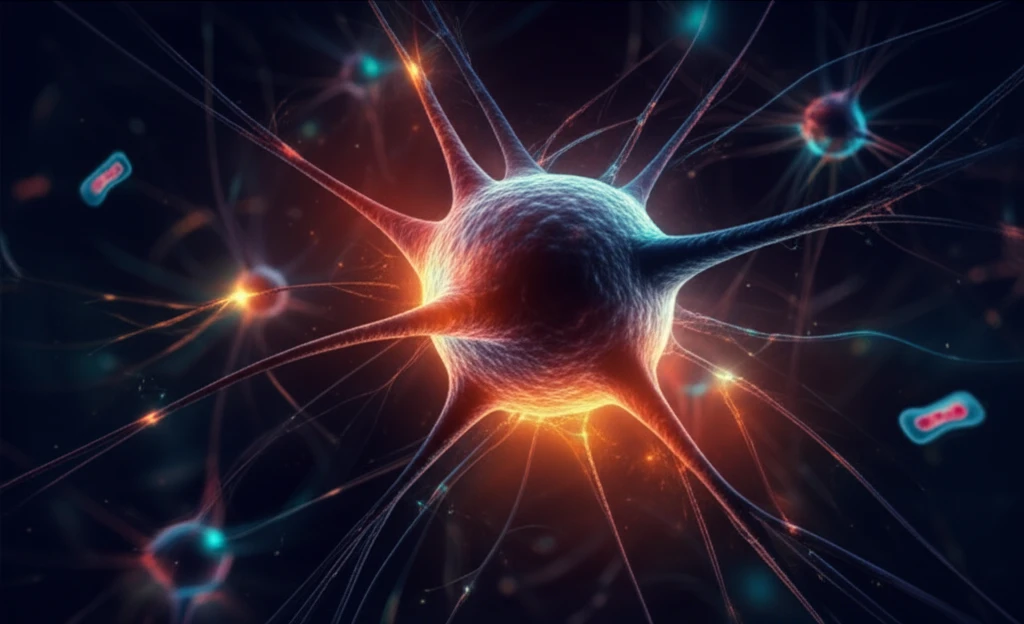 Interconnected neural networks with glowing mitochondria, representing energy and dysfunction in the brain.