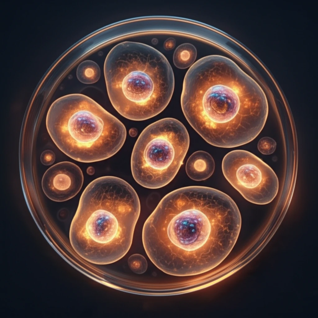 Bovine hepatocytes glowing in a petri dish.