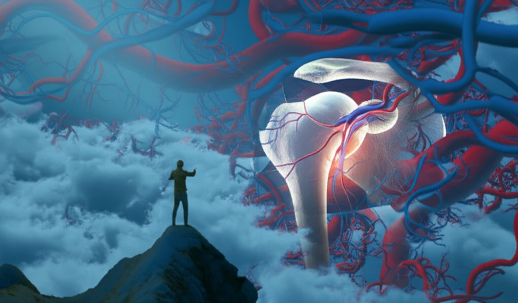 Surreal image of a shoulder joint in the clouds at a mountain peak, symbolizing the risk of VTE following shoulder arthroplasty at high altitude.