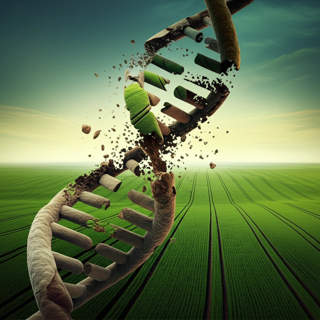 Damaged DNA strand intertwined with agricultural fields.