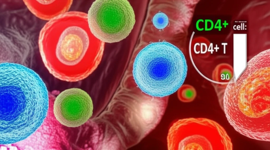 Microscopic view of HIV-infected cells in the gut with a CD4+ T cell count indicator.