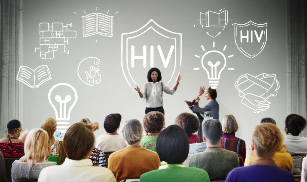 Attendees at an HIV awareness lecture, surrounded by symbols of knowledge and protection.