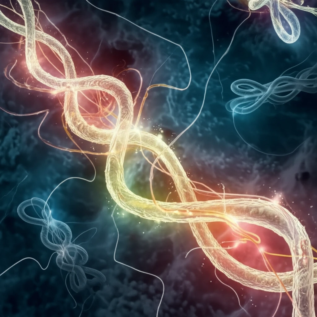 Surreal illustration of T-DNA integration into a plant cell nucleus.