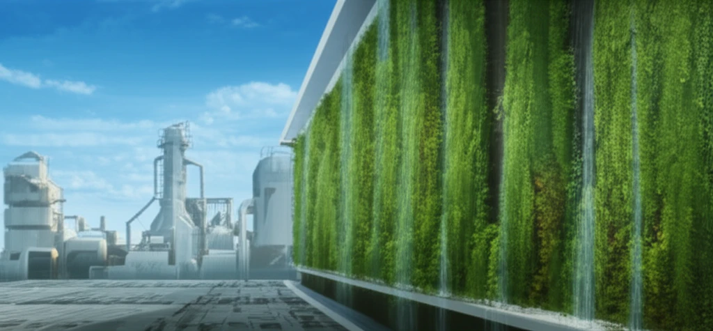 Lush green wall representing a biotrickling filter with futuristic industrial background.