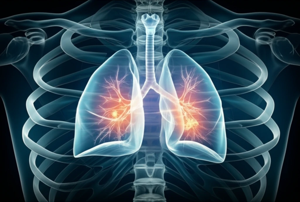 Glowing lungs encased within a transparent, geometric ribcage, symbolizing precision in lung cancer treatment.