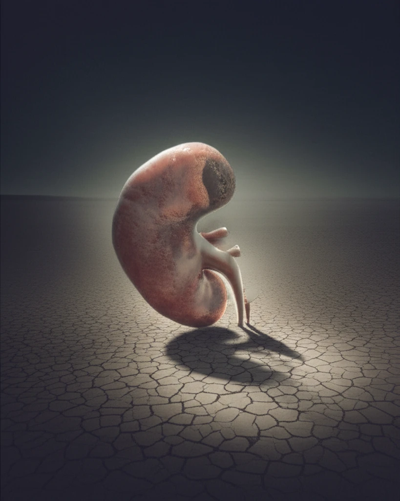 Surreal illustration of a person with a kidney stone shaped shadow, representing hidden health risks.