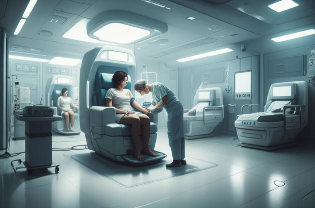 Futuristic hospital ward with patient receiving subcutaneous trastuzumab.