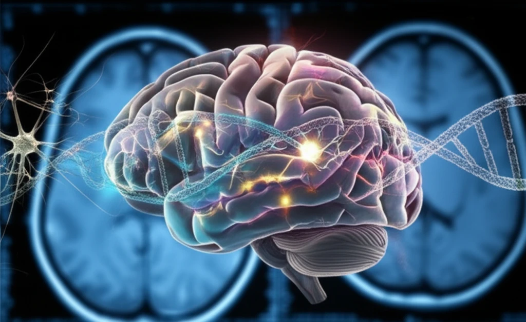 Illustration of a brain with neural pathways and DNA strand, representing glioma treatment advancements.