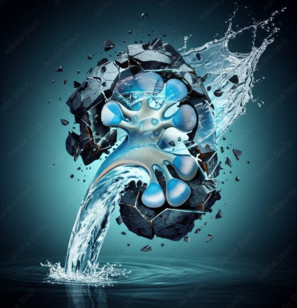 Shattered kidney stone transforming into a clear river, symbolizing restored kidney health.