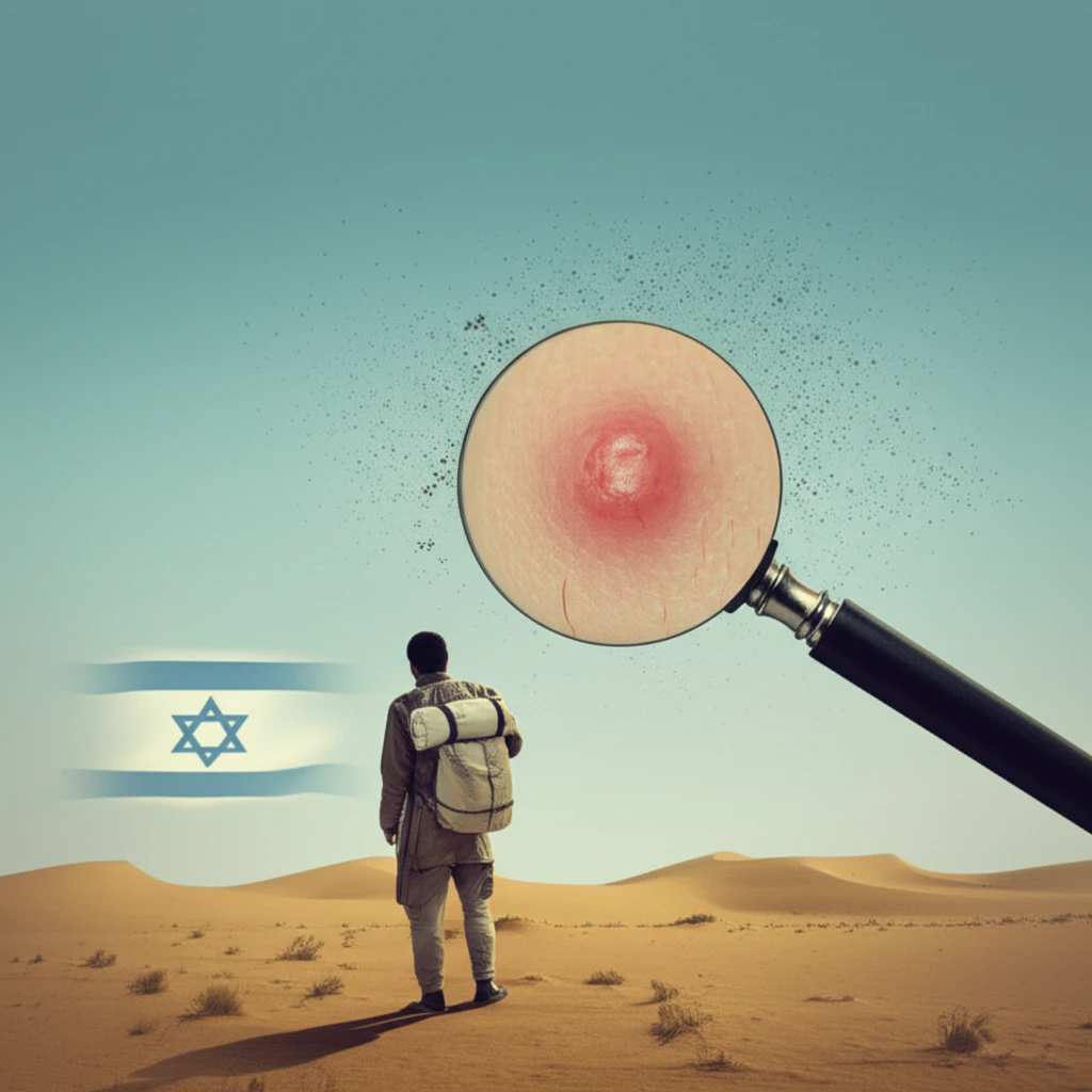 Surreal image of a traveler in the Negev Desert, Israel, surrounded by sandflies, symbolizing the risk of contracting Leishmaniasis.