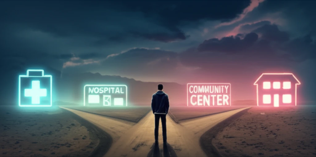Crossroads representing the decision between healthcare and social welfare approaches to addiction treatment