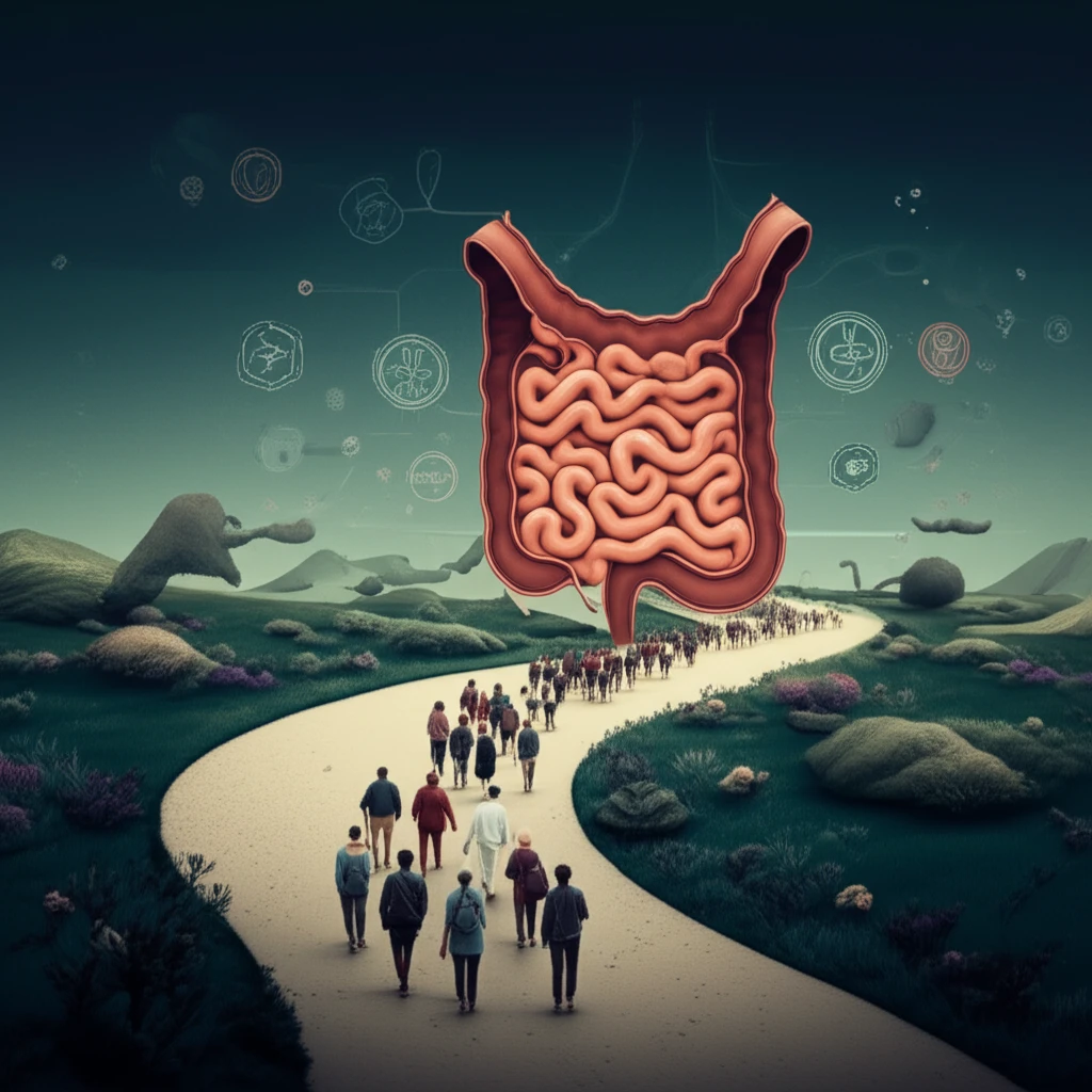 Symbolic representation of celiac disease journey with diverse individuals moving towards intestinal health.