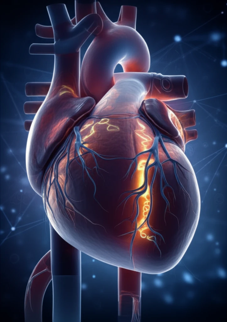 Illustration of a heart-shaped blood vessel network with glowing genes, symbolizing integrated studies of blood flow and heart health.