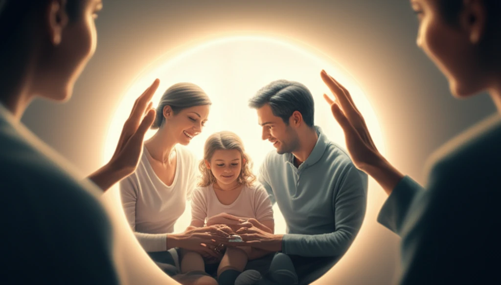 A family bathed in protective light, symbolizing healing from abuse through therapy.