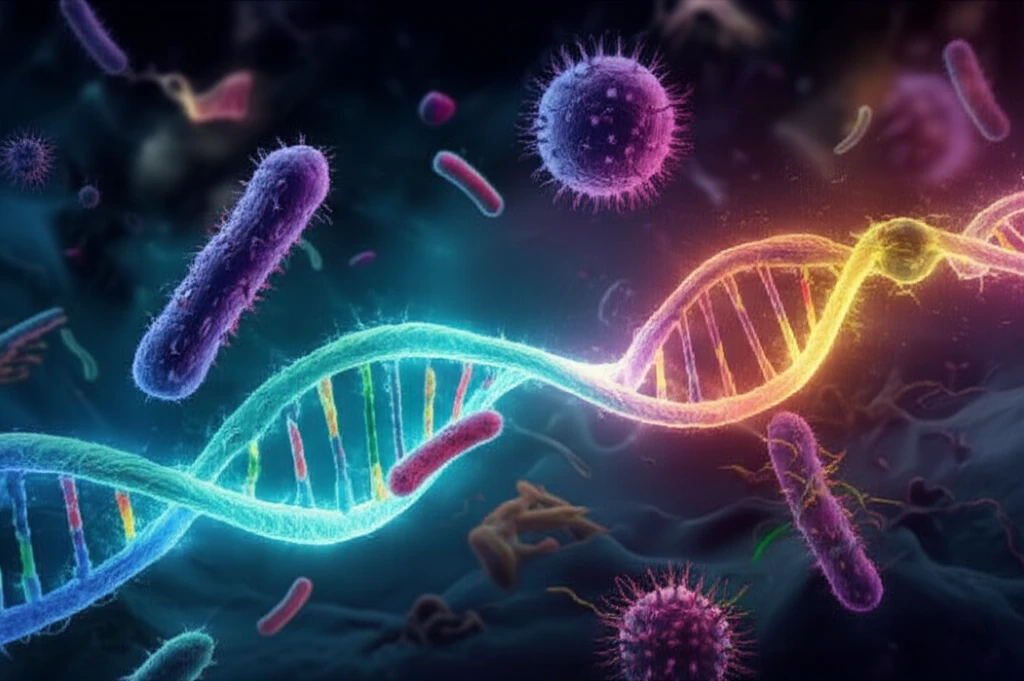 Microscopic landscape of bacteria exchanging DNA, symbolizing antibiotic resistance spread.