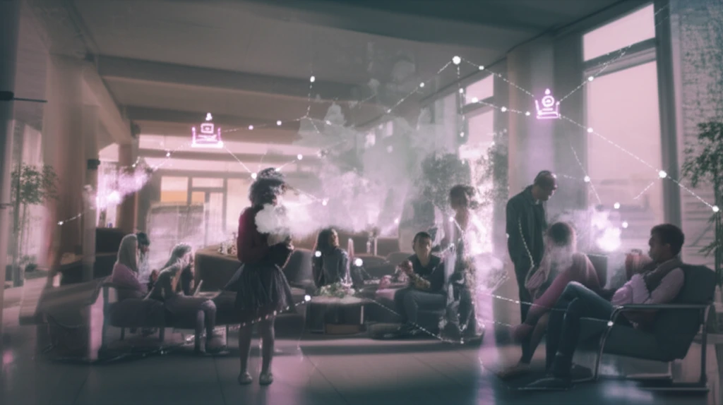 Surreal illustration of college students influenced by vaporous e-cigarette smoke.