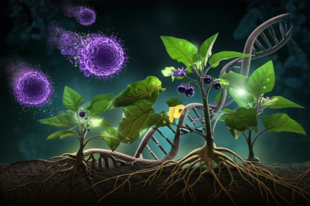 Solanum nigrum (black nightshade) plants with glowing leaves, symbolizing cancer-fighting and antioxidant properties.