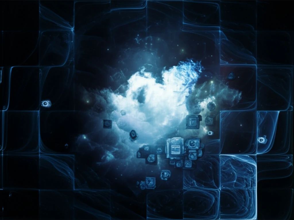 Digital cloudscape with data blocks protected by shields and monitored by digital eyes, symbolizing cloud security.