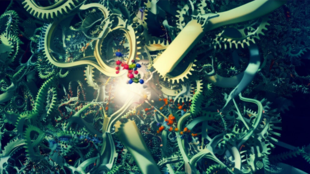 A surreal illustration depicting the electron transfer pathway in Mycobacterium's CIII-CIV supercomplex, highlighting a potential drug target.