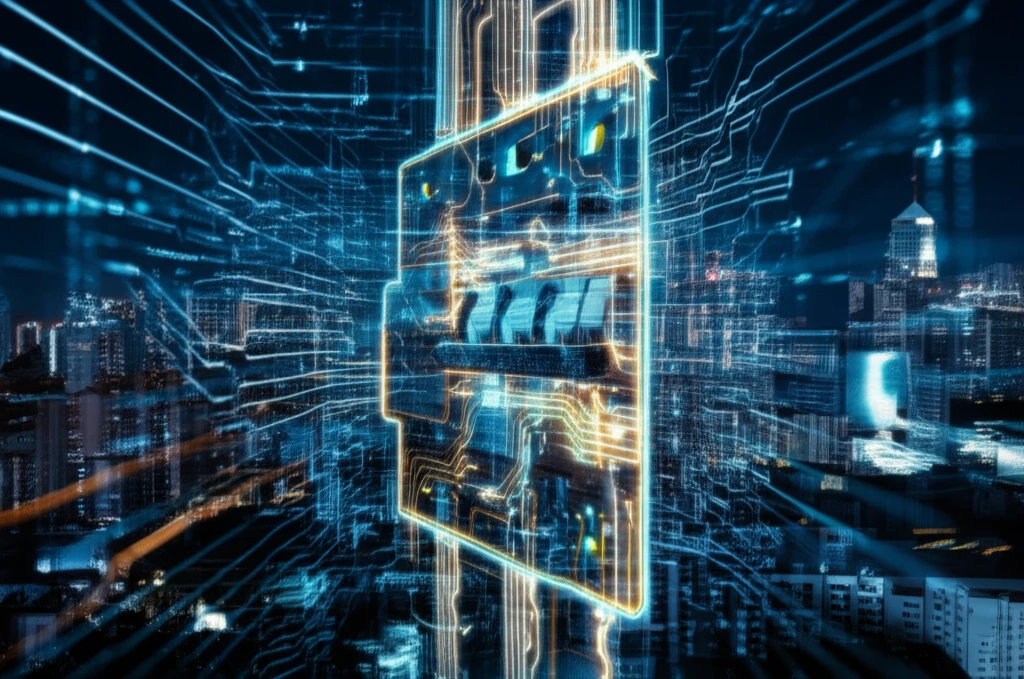 Surreal illustration of a circuit breaker with futuristic cityscape background, symbolizing power and technology.