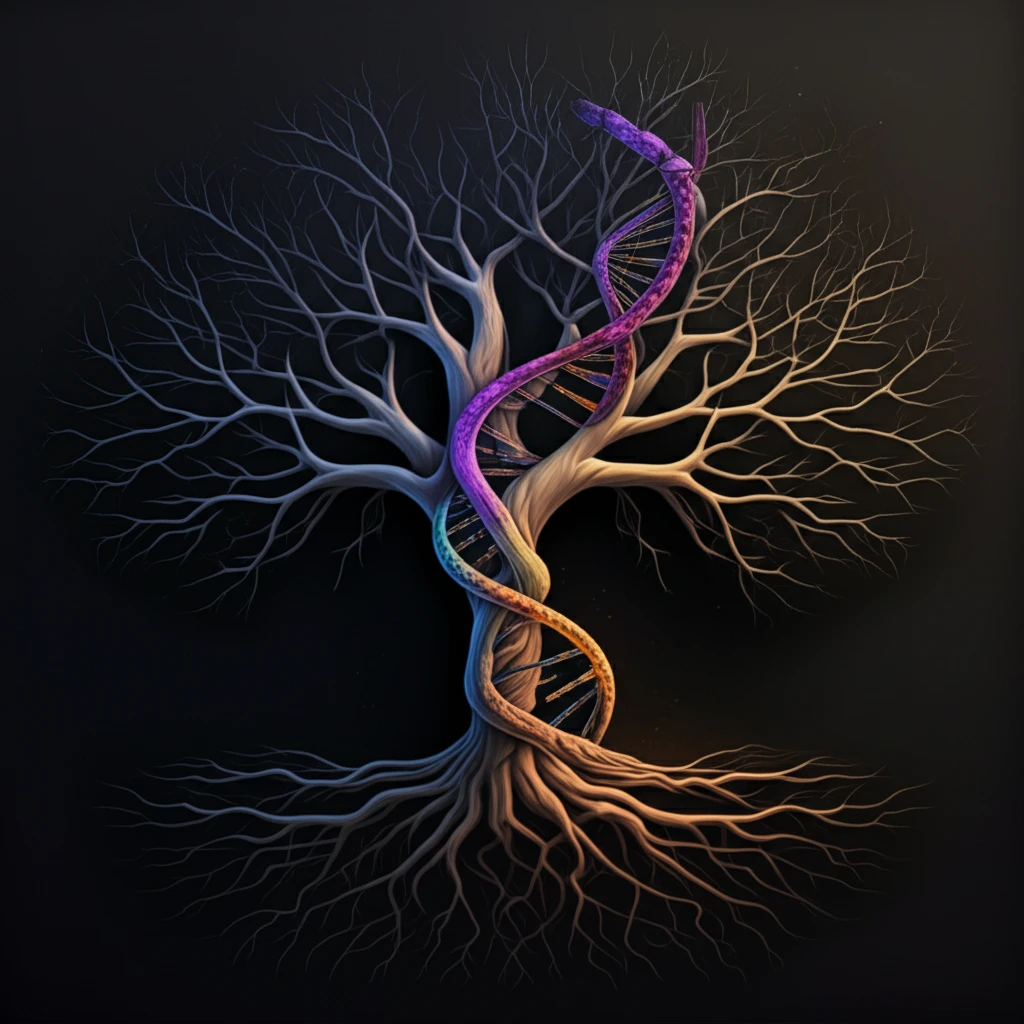Surreal illustration of RNA intertwined with a tree, symbolizing genetic resilience in Fanconi Anemia research.