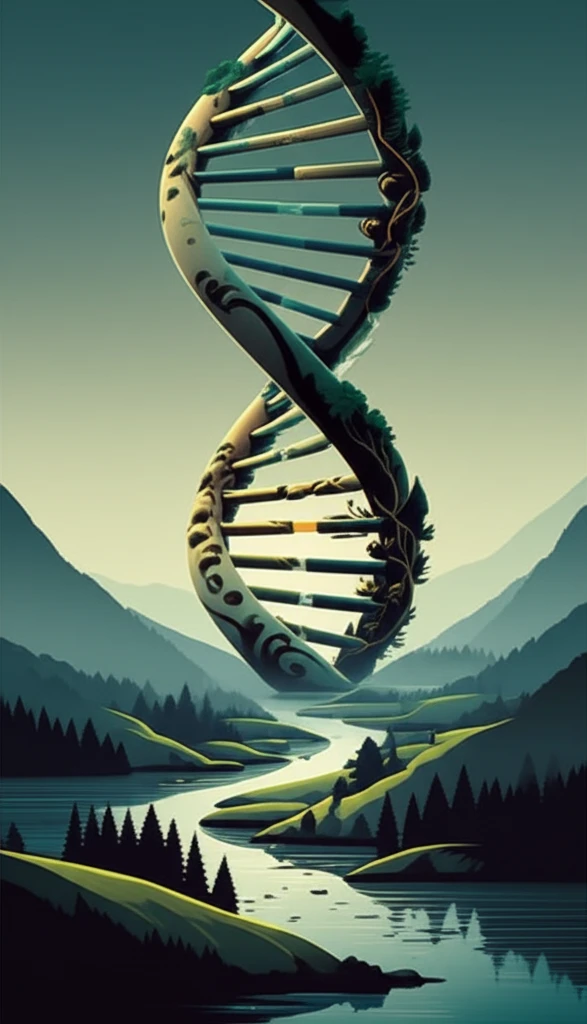 DNA strand intertwining with a river landscape representing genetics and environmental health.