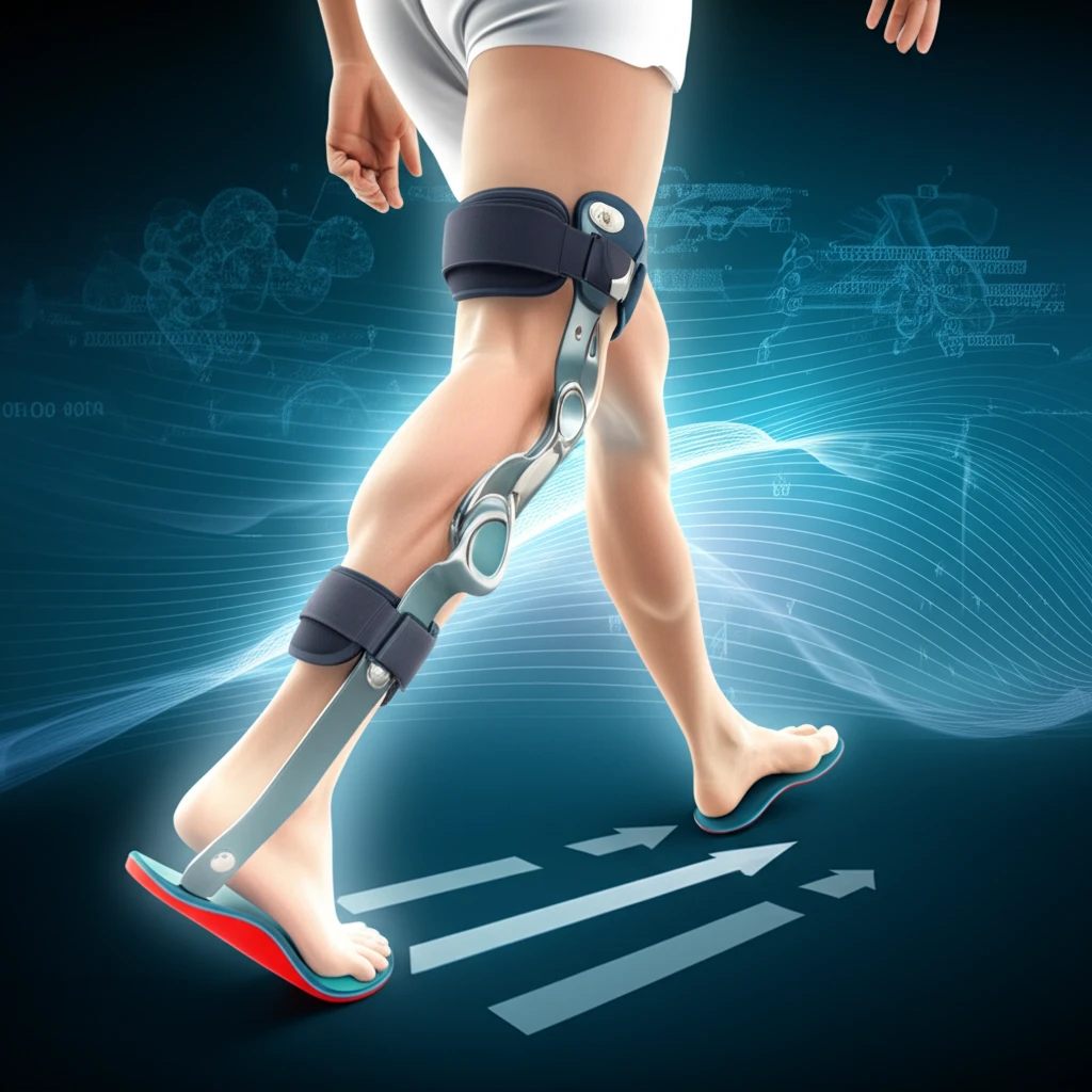 Illustration symbolizing the combined effects of knee brace, insole, and toe-out gait for knee osteoarthritis relief.