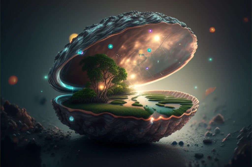 Surreal illustration of a clam shell revealing a miniature estuary landscape with geochemical data points.