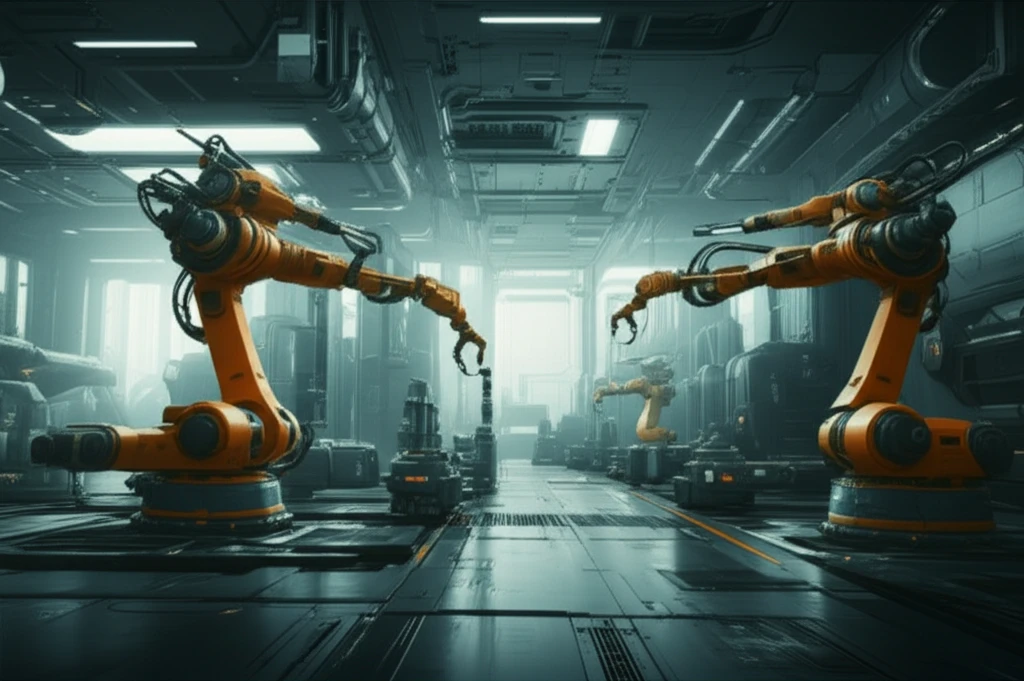 Futuristic factory assembly line with robots producing high-quality products.