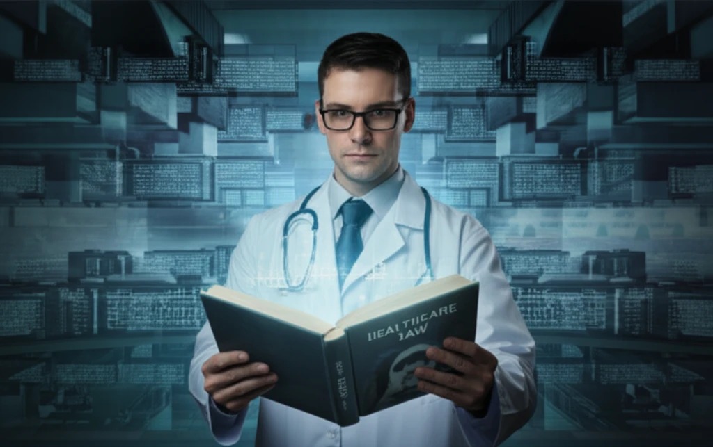 Healthcare professional holding a glowing book on healthcare law.