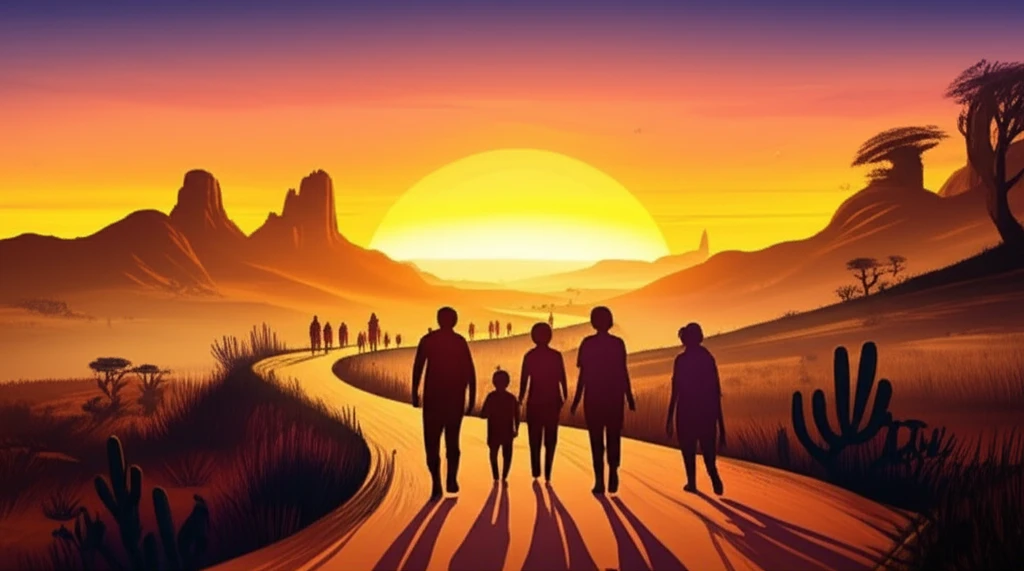 A diverse group of people walk towards a vibrant sunrise in the Minas Gerais landscape, symbolizing increased life expectancy.
