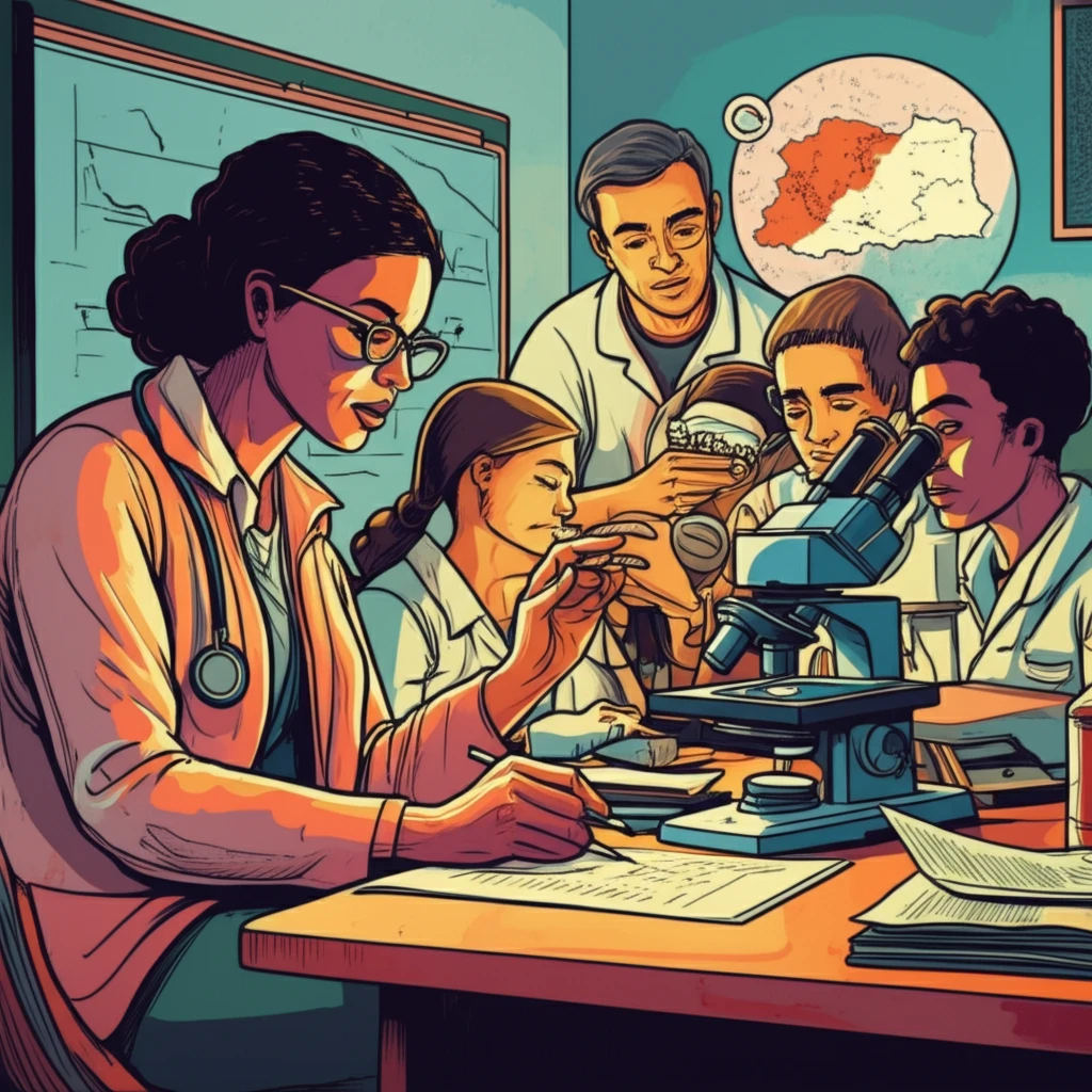 A surreal illustration depicting leishmaniasis education in a Brazilian classroom.