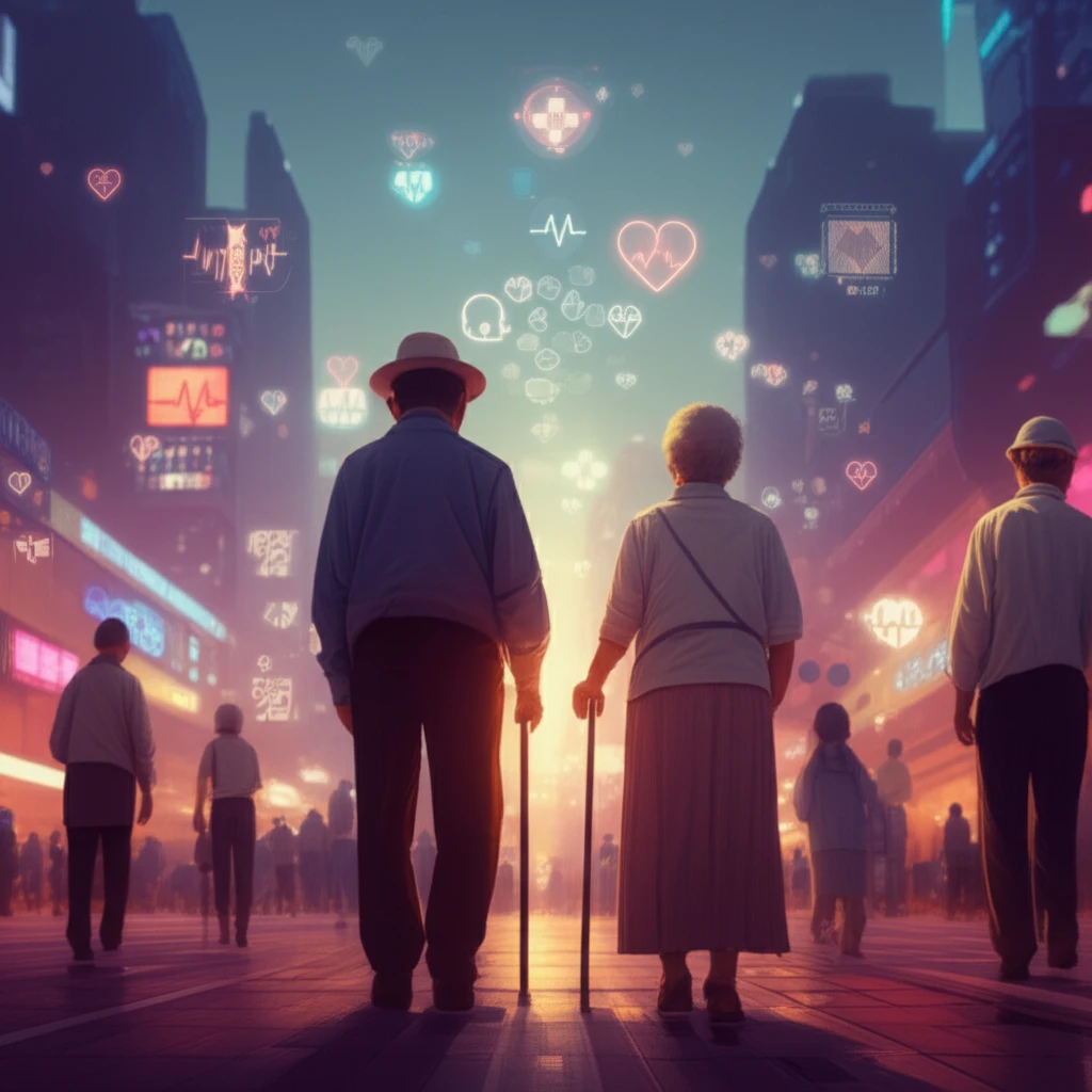 Futuristic cityscape with elderly Japanese citizens surrounded by medical symbols, representing advanced cardiovascular care.