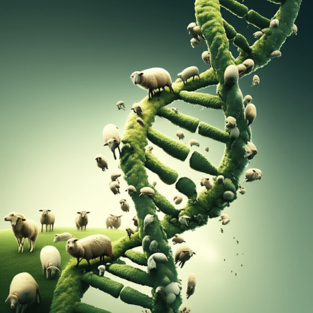 DNA helix intertwined with sheep, representing genetic improvement in livestock.