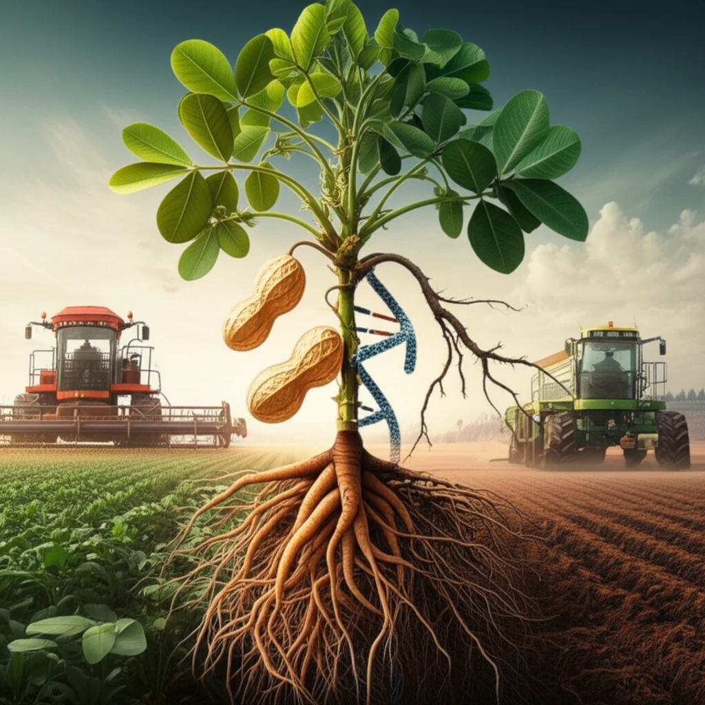 Peanut plant illustration, roots intertwined with DNA strands, cultivated vs wild.