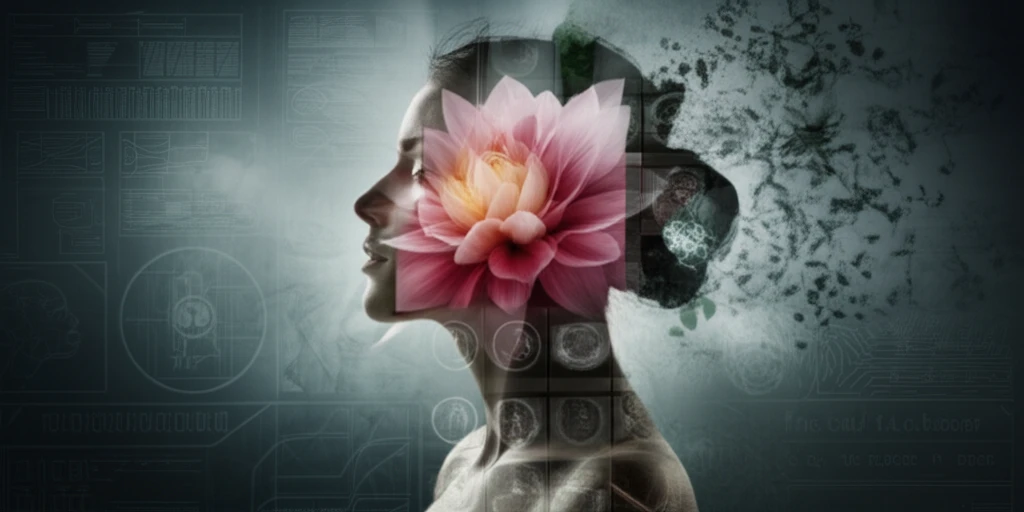 Surreal illustration of a woman merging with medical imaging scans and a blooming flower, symbolizing breast cancer imaging and hope.