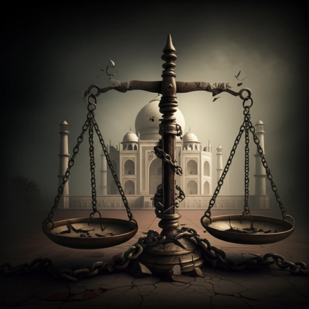 Broken scales of justice in front of the Taj Mahal, symbolizing corruption in India.