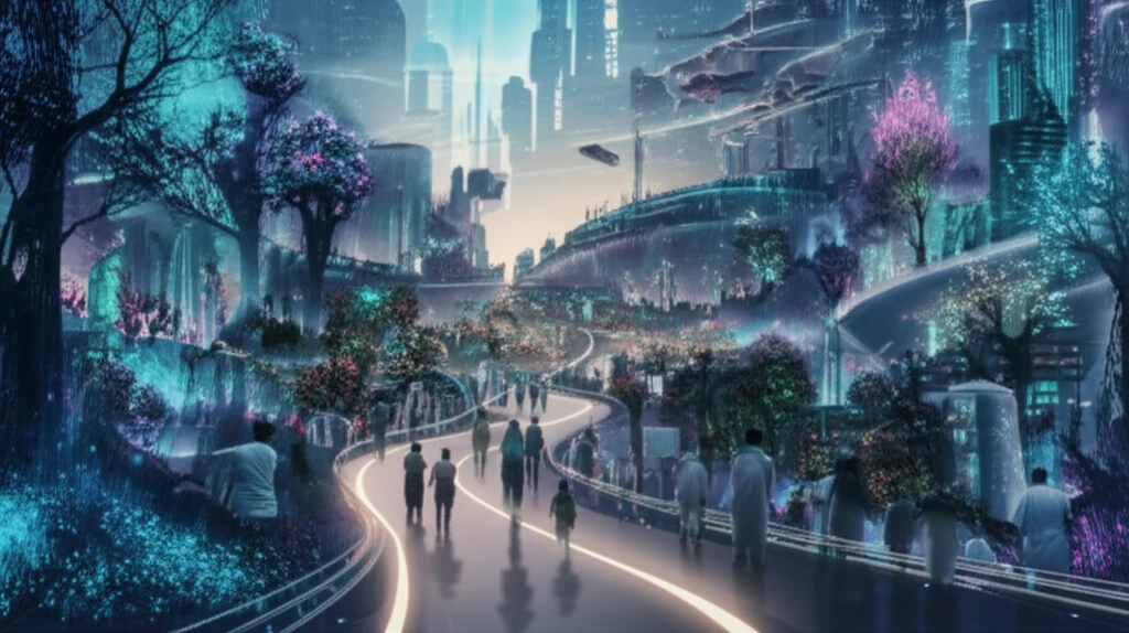 A surreal cityscape representing the future of healthy aging, with a path leading to advanced medical facilities and bioluminescent trees.