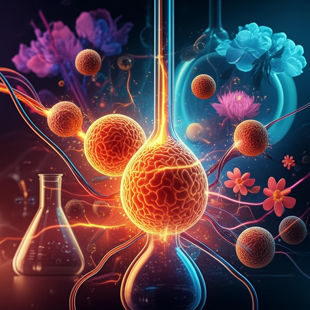 Microscopic yeast cells transforming into biofuels, symbolizing the fusion of biology and technology.