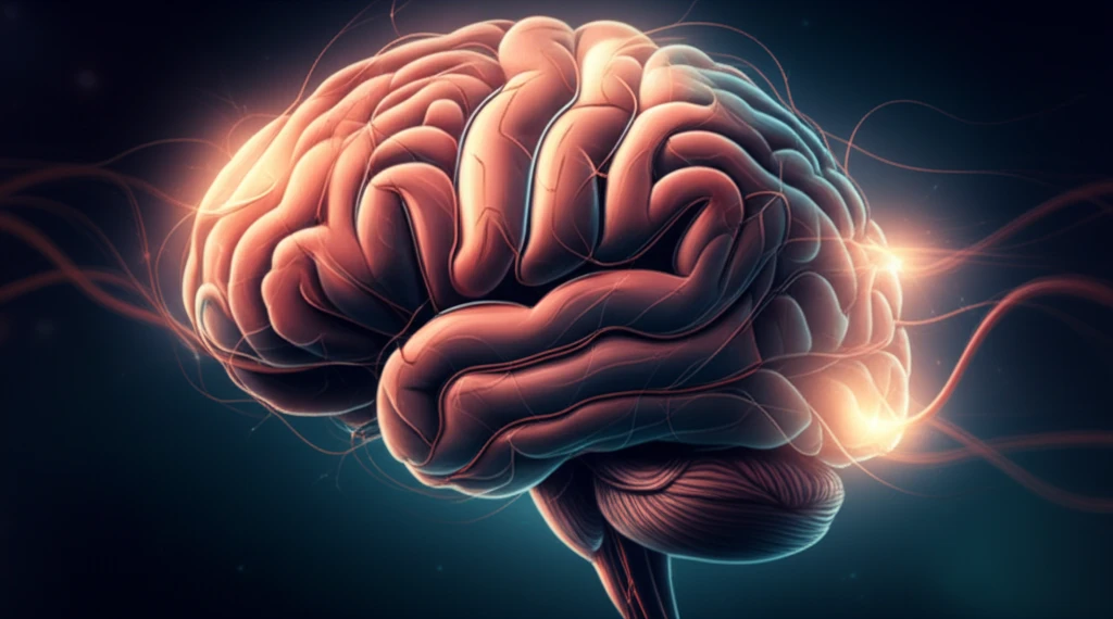 Brain with glowing blood vessels symbolizing mental health and stroke recovery.