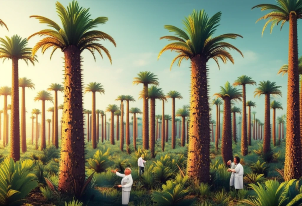 Lush tropical forest with Acrocomia aculeata palms, representing genetic diversity and conservation efforts.