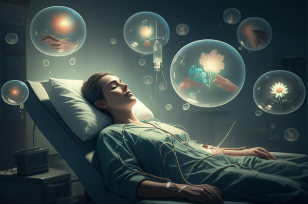 Surreal illustration of a dialysis patient with floating thought bubbles representing coping strategies.