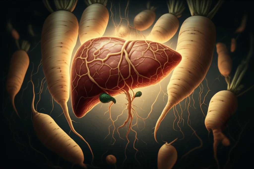 Glowing turnip roots protect a healthy liver, symbolizing natural healing.