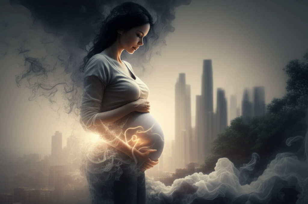 Illustration of a pregnant woman surrounded by swirling smoke, representing the potential risks of environmental toxins on fetal development and diabetes susceptibility.