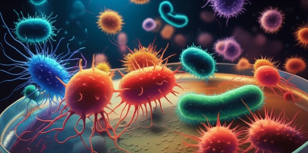 Microscopic view of bacteriocins combating harmful bacteria in food.
