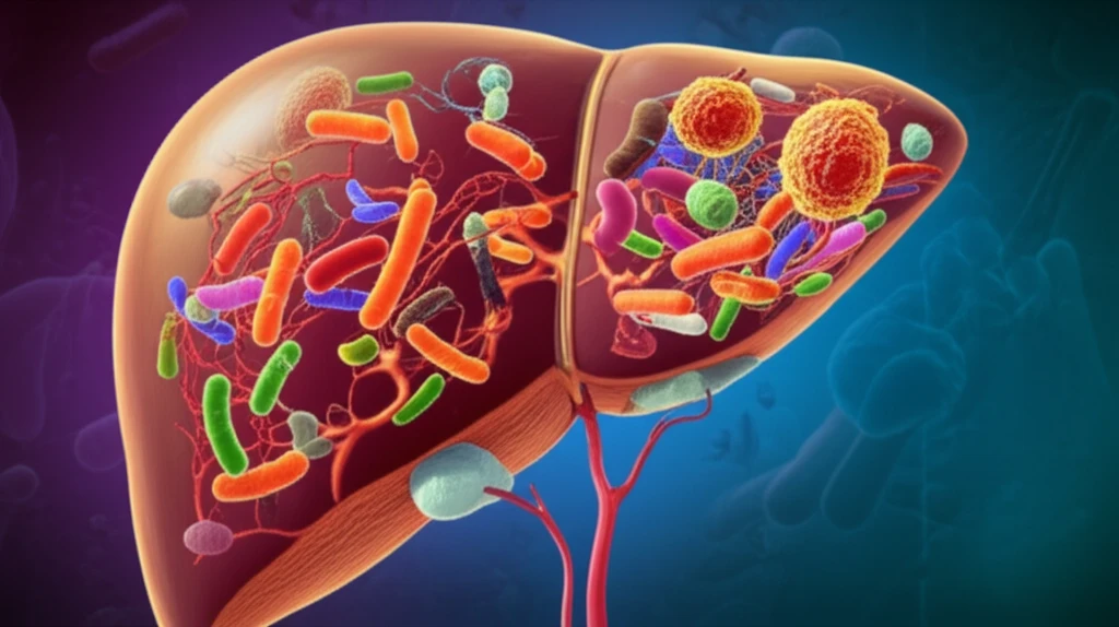 Illustration of a liver intertwined with bacteria, symbolizing the gut-liver axis and microbiome's influence on liver cancer.
