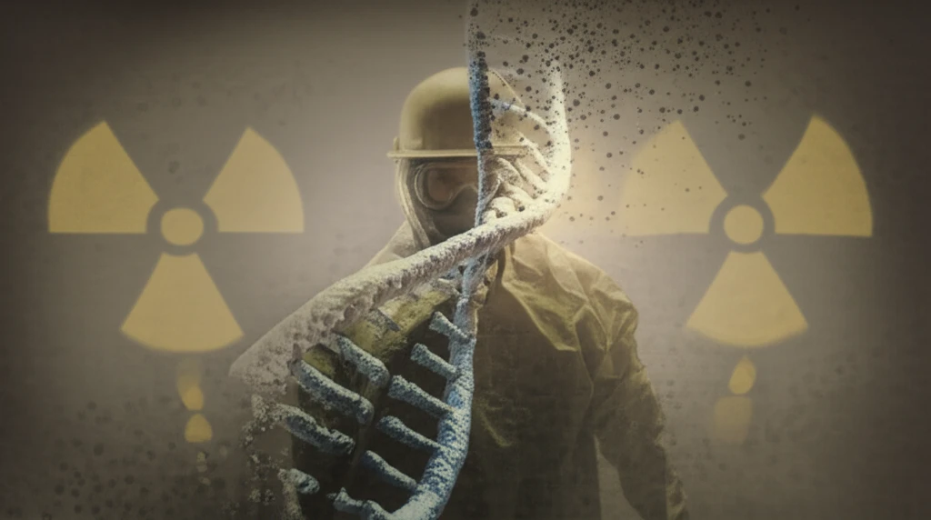 Surreal illustration of uranium worker fading into DNA, symbolizing radiation exposure and genetic damage.