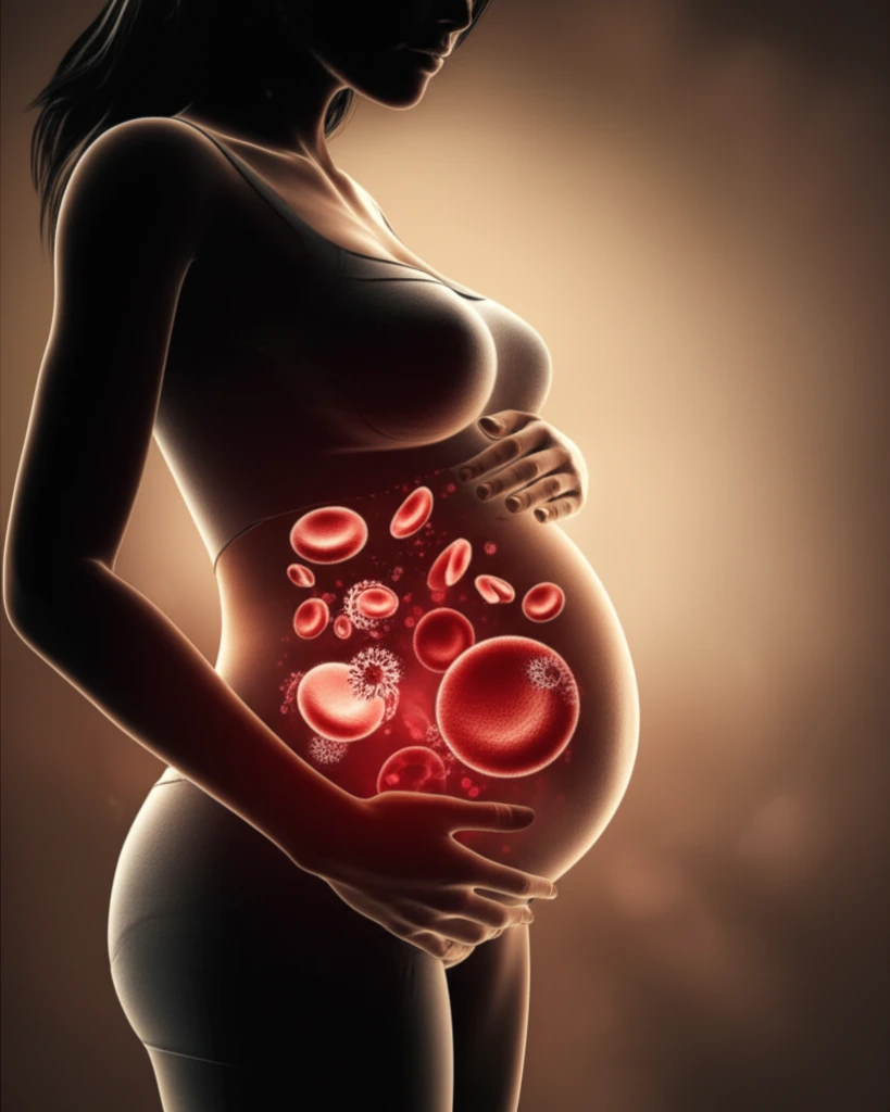 Illustration of a pregnant woman's silhouette with glowing red blood cells and CMV viruses, symbolizing the impact of CMV on maternal health.