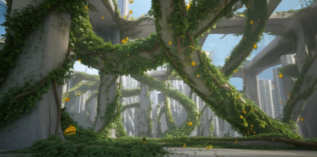 Sustainable concrete pillars intertwined with green vines.
