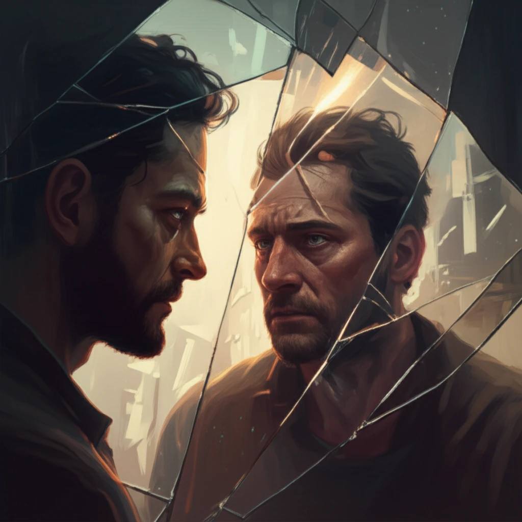 Shattered mirror reflecting a man, symbolizing broken masculinity and societal expectations